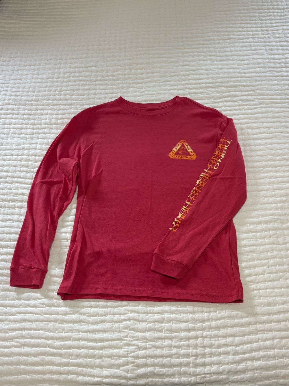 O'Neill Deep Red Long Sleeve Tee with Yellow/Orange Sleeve Logo
